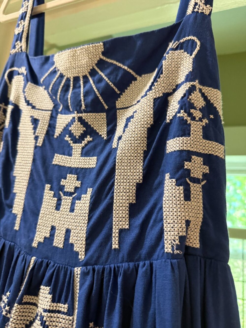 Farm Rio Cobalt Blue Embroidered Maxi Dress Folk Art Motif Sleeveless Tie Back